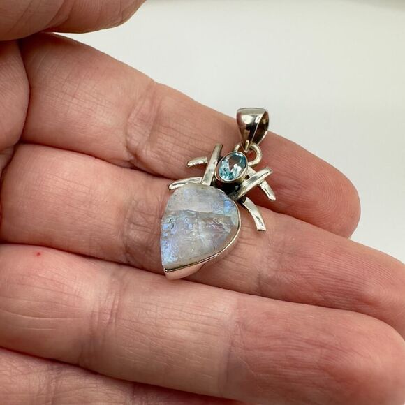 Sterling Silver Natural Rainbow Moonstone Rough & Blue Topaz Pendant - Picture 8 of 16